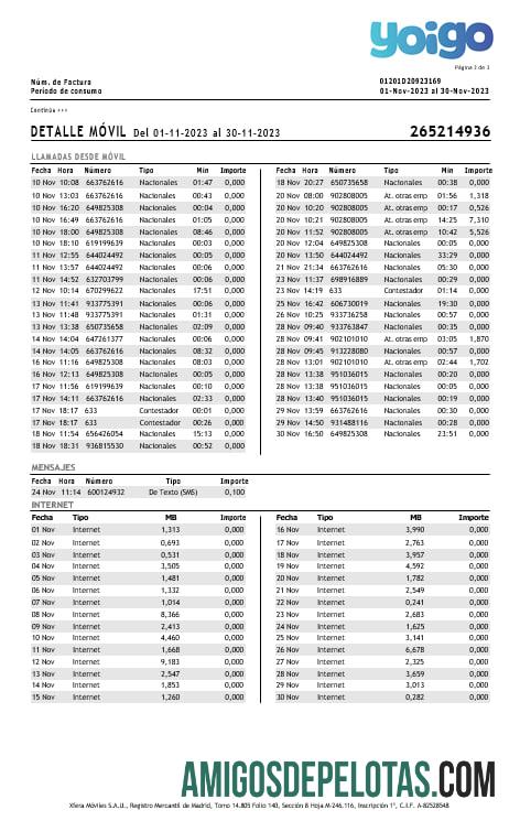 Espanha Yoigo Internet Utility Bill em formatos Word e PDF, 3 páginas. modelo